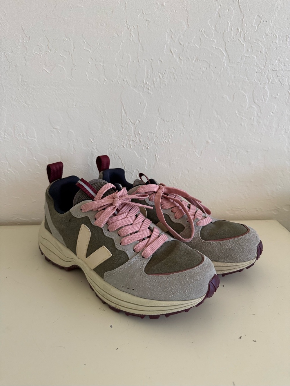 Veja Olive Green and Pink Lace-Up Sneakers with Cream V Logo